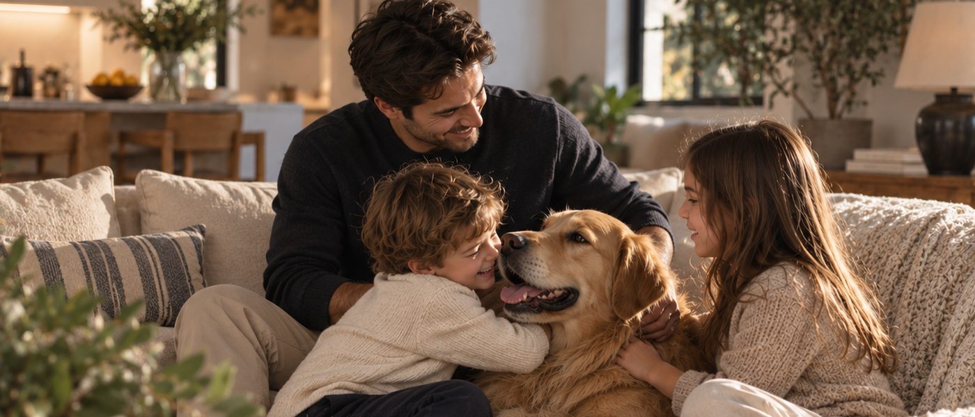A family and their dog relaxing on the sofa in their renovated living room