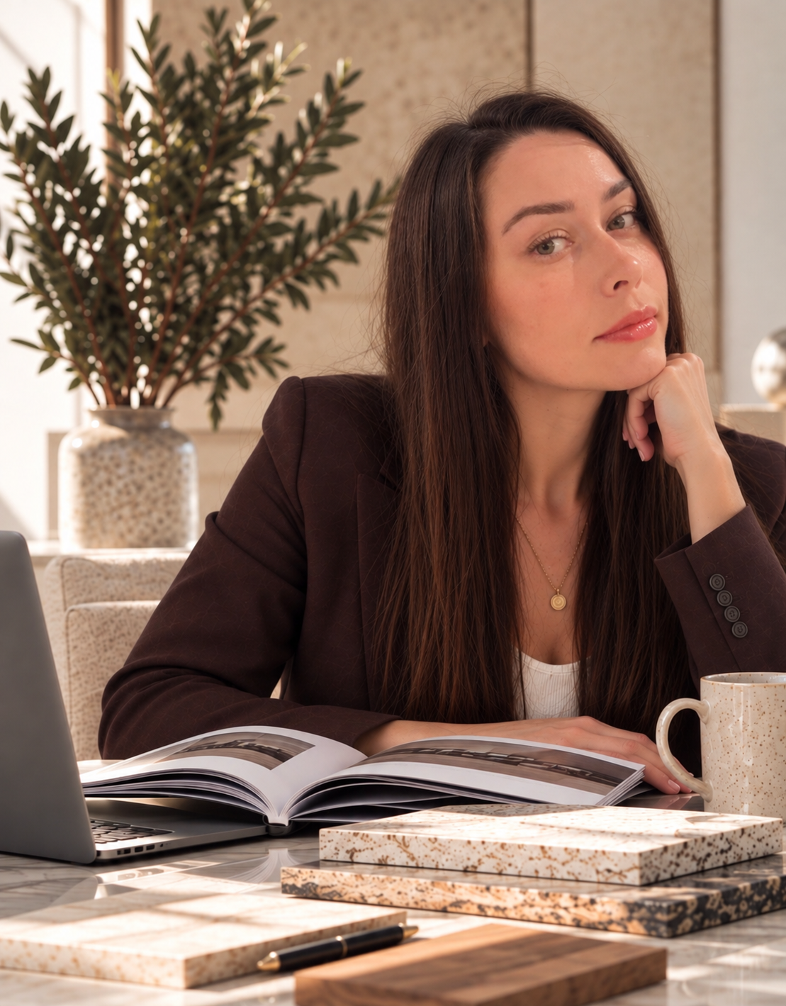 Anna Pogodaeva, founder of MILOS Development, holding a set of plans